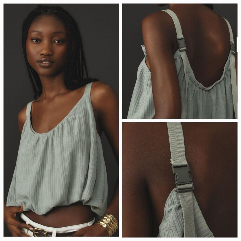 NEW By Anthropologie Sheer Ribbed Buckle Bubble Tank Moss Green Cropped Size M